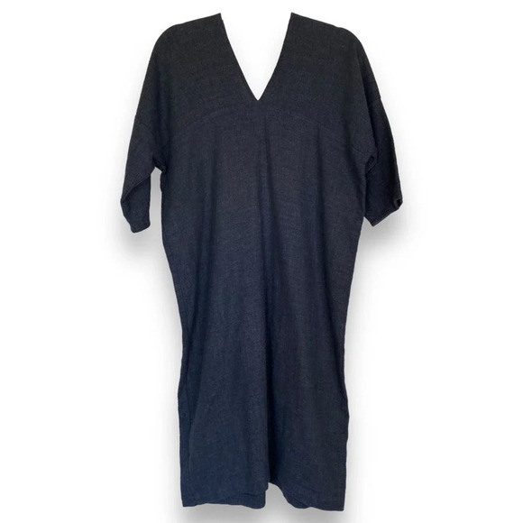 FOG LINEN WORK Gray Dress Shift Lagenlook Boho Peasant Linen Wool One Size Large - Picture 2 of 7